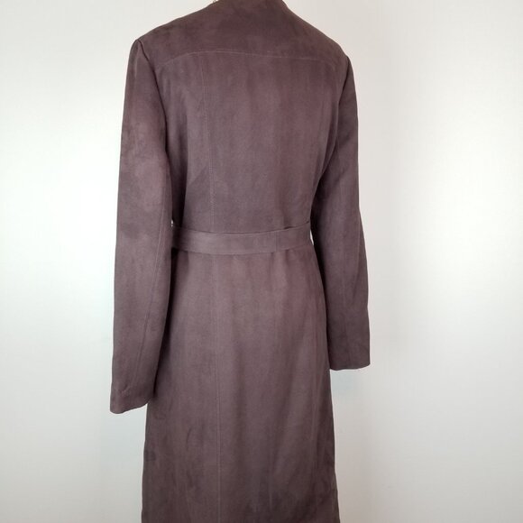 INC Faux Suede Chocolate Brown Long Length Trench Belted L/S Jacket * Size 10 - Picture 4 of 9